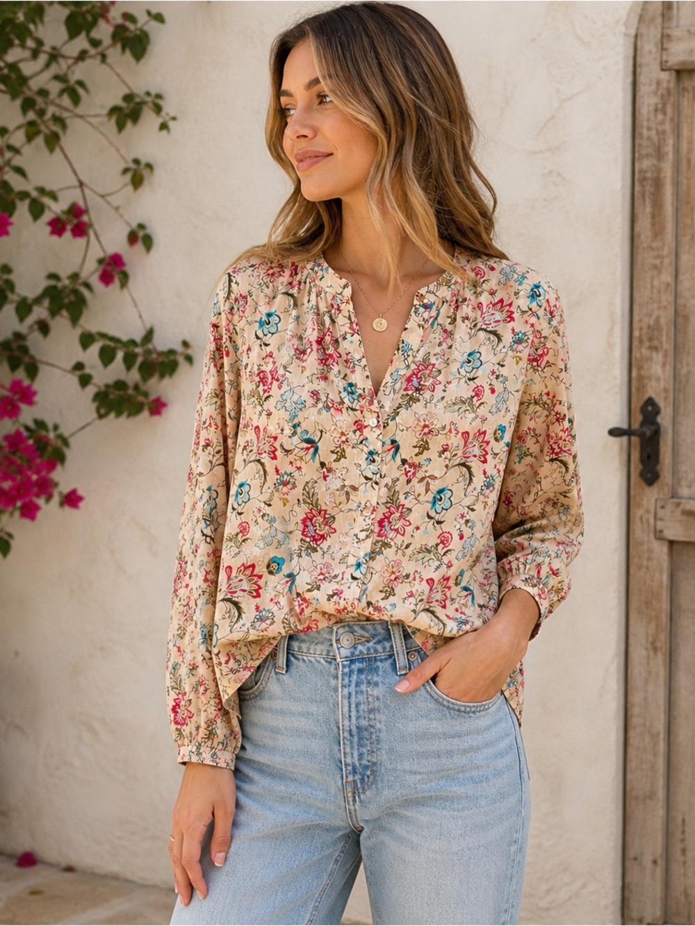 Sundance Floral Boho Top Womens Cotton Sz M Cotton Lightweight Peasant Blouse